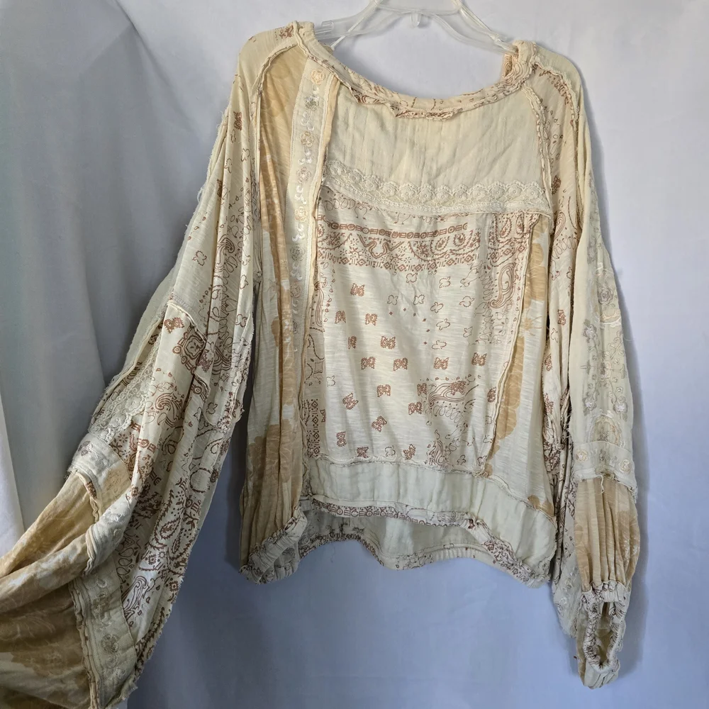 Free People Boom Boom Tunic Oversized Cream and Tan Boho Blouse NEW - Picture 4 of 15